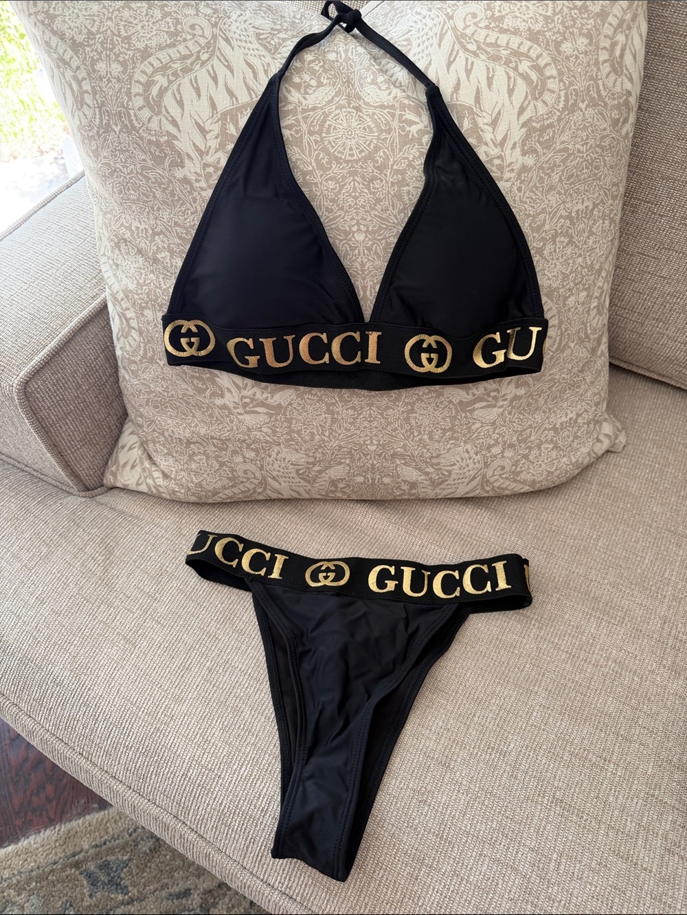 Black and Gold Logo Band Triangle Bikini Set